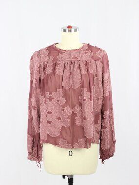 Aritzia WILFRED Lourdes Mauve Sheer Floral Jacquard Peasant Blouse Top, Size XS